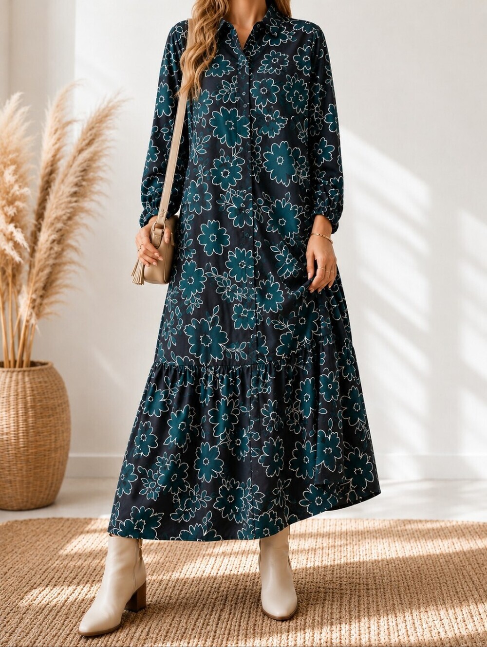 VILA Floral Tiered Midi Dress Size 42 Teal Botanical Button Front